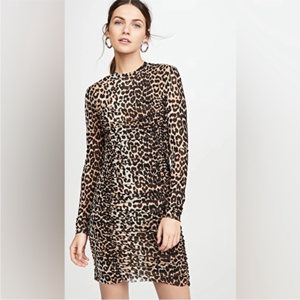 NWT GANNI Mesh Ruched Animal Print Long Sleeve Dress